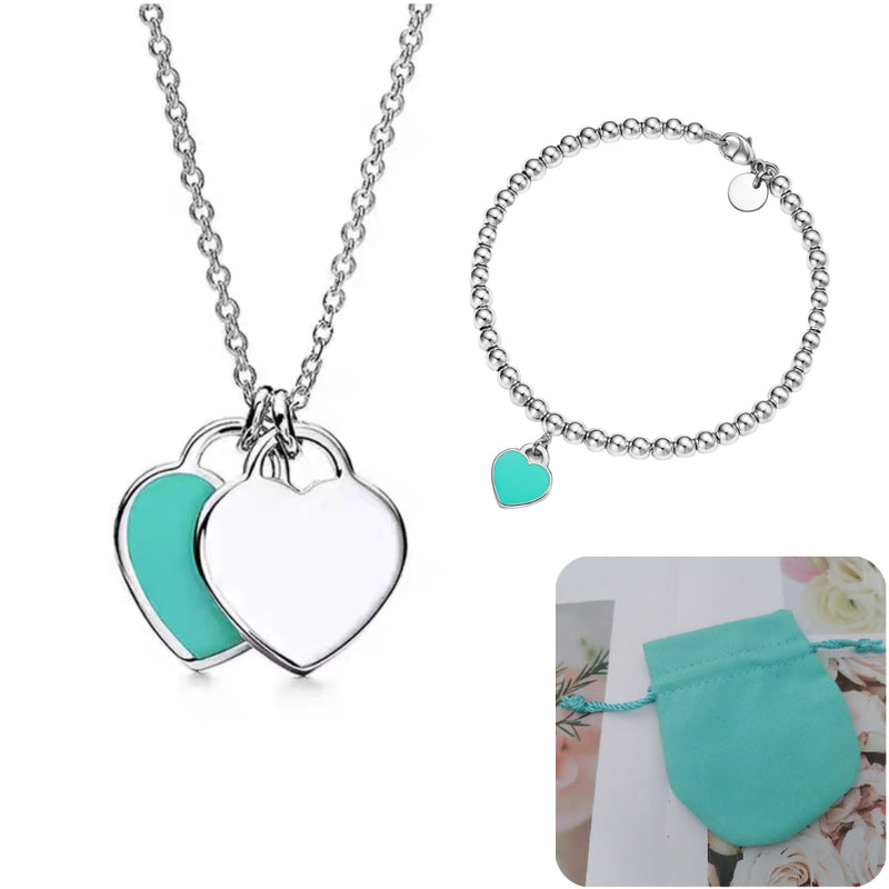 Conjunto Colar e Pulseira Coração Azul