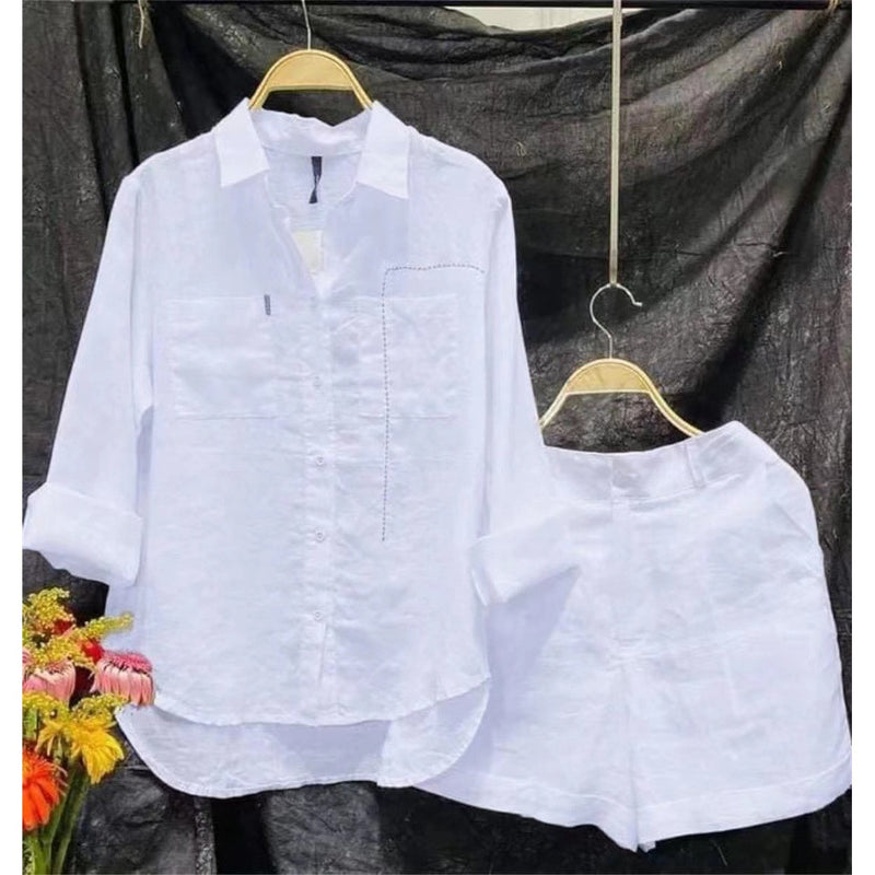 Conjunto Feminino Camisa e Shorts em Linho
